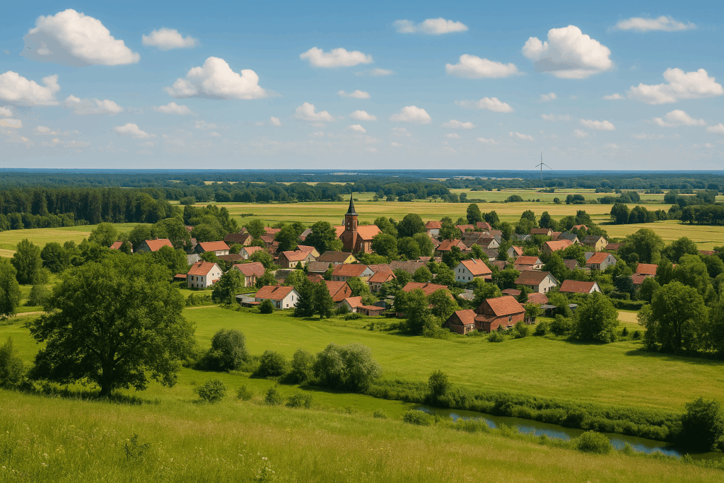 Blick über das Dorf Turnow in der Niederlausitz mit Kirche, roten Dächern und umliegenden Feldern an einem sonnigen Sommertag.
