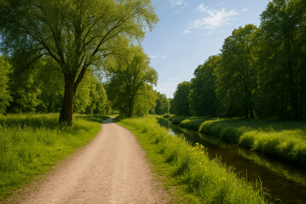 Grüner Naturweg entlang eines ruhigen Bachs mit Bäumen und Wiesen in der Nähe des Spreewalds an einem sonnigen Tag.