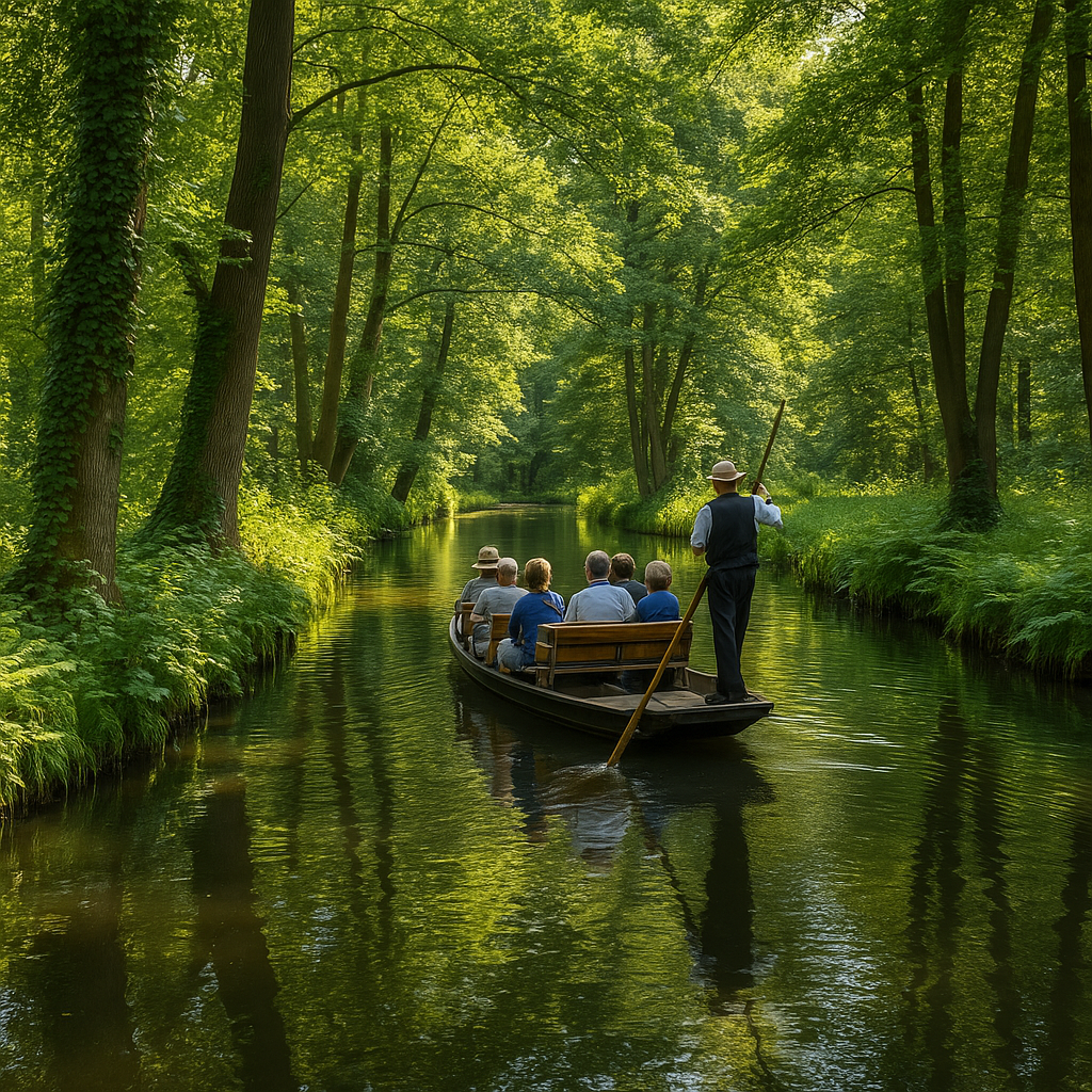 Kahnfahrt im Spreewald auf einem schmalen Wasserlauf, umgeben von grünen Bäumen und spiegelndem Wasser an einem sonnigen Sommertag